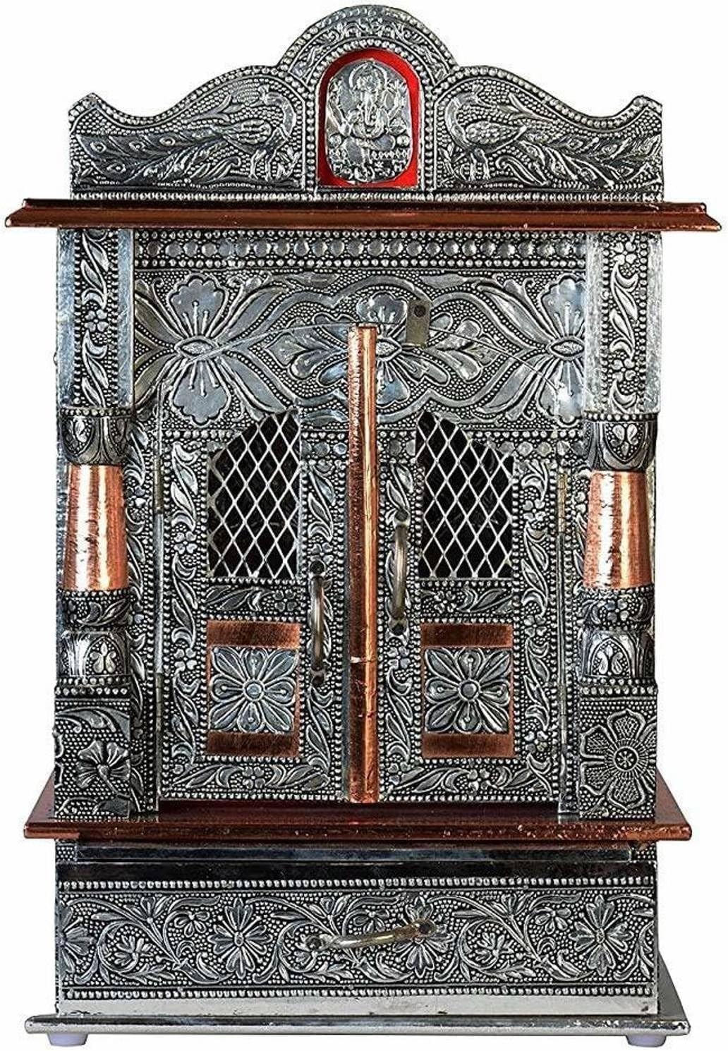 Oxidized Metal Pooja Mandir with Doors and Drawer, Silver, Ganesha Embossed, Traditional Hindu Temple