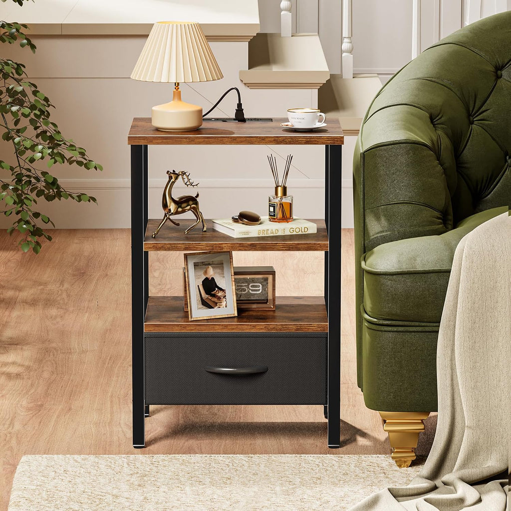SUPERJARE Nightstand with Charging Station, Bed Side Table with Adjustable Fabric Drawer, Night Stand for Bedroom, 3-Tier Storage End Table, for Living Room, Rustic Brown and Black