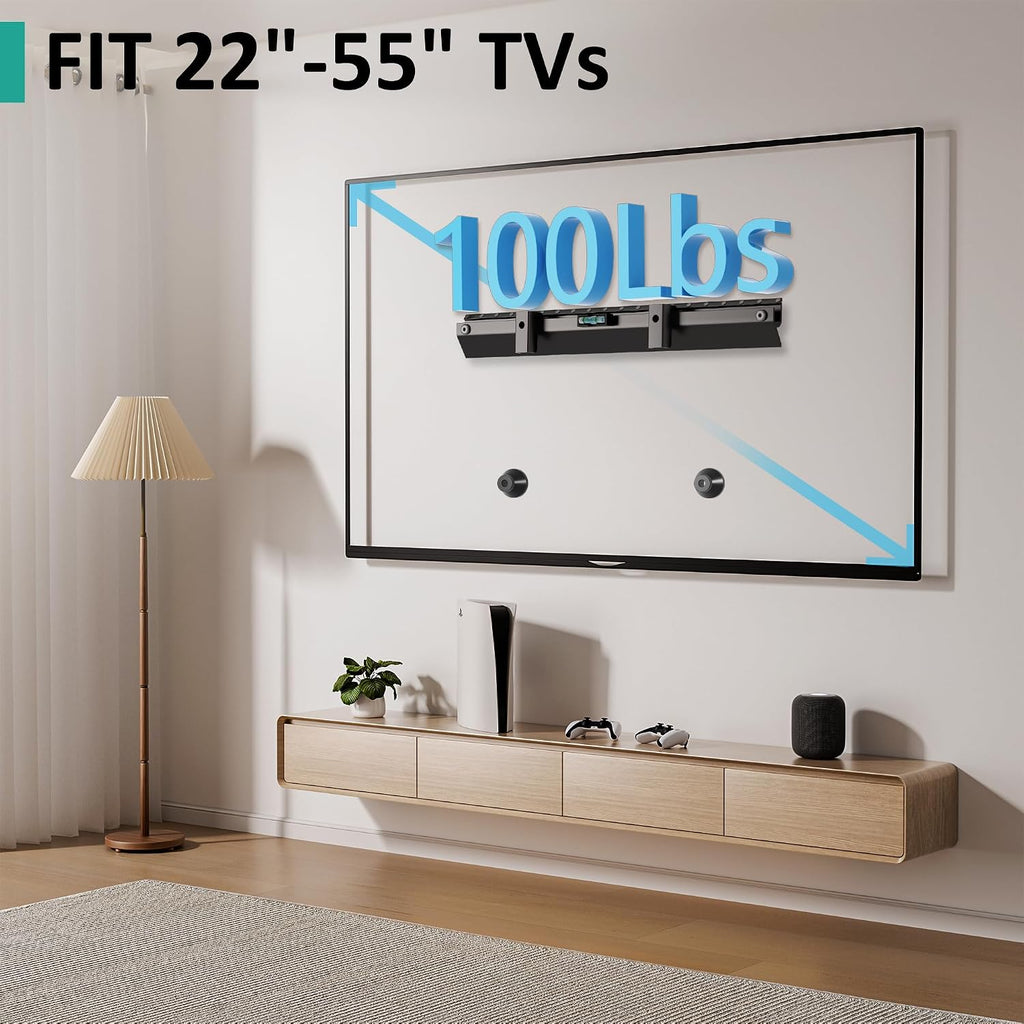 Studless TV Wall Mount for 22-55 Inch TVs, Slim No Stud TV Mount, Drywall TVs Bracket, Holds Up to 100 lbs, Max VESA 400x400mm - No Drill Easy Installation with Bubble Level