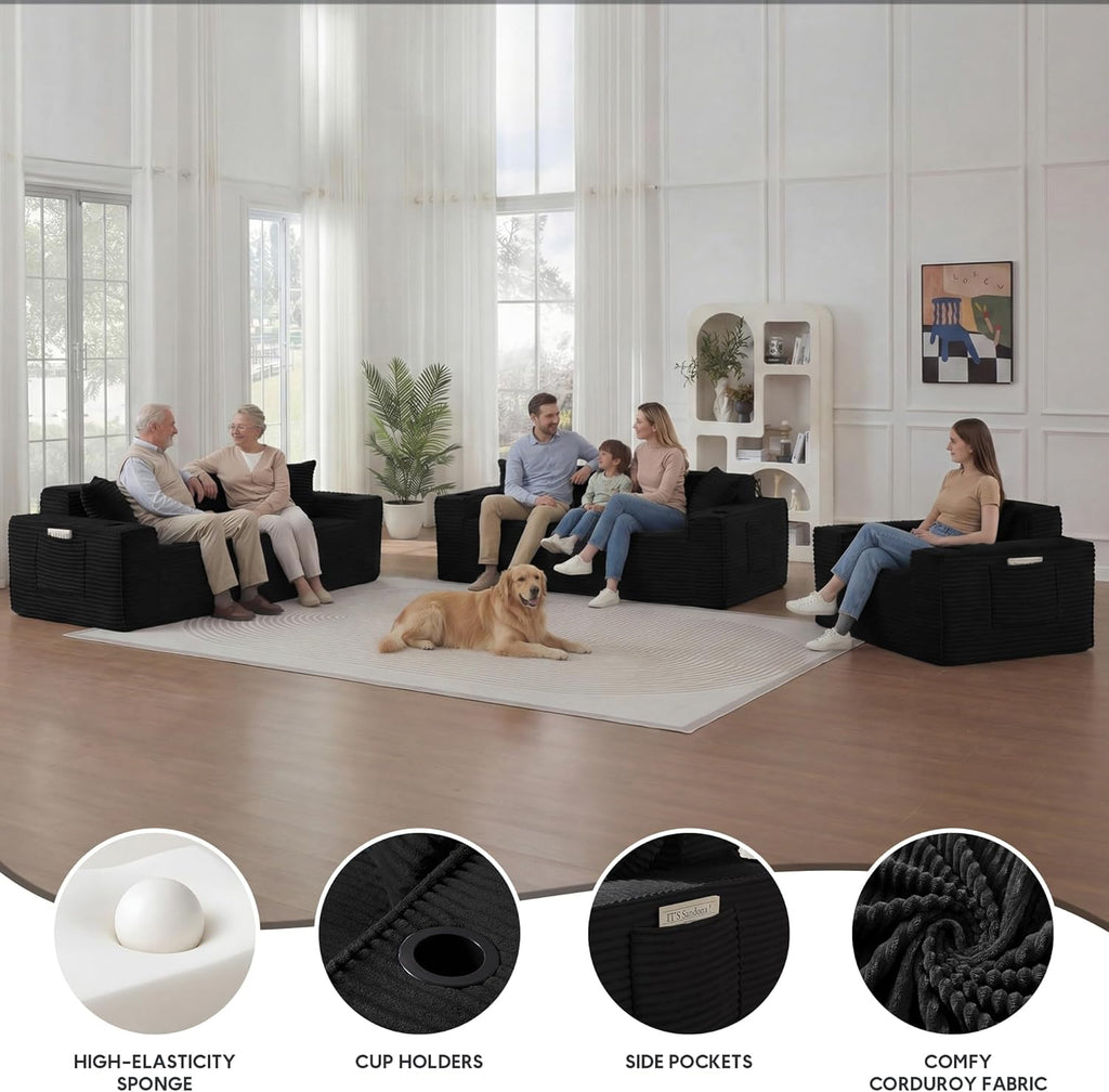 Sectional Sofa 3 Piece Set with Cup Holders & Side Pockets, Modern Corduroy Fabric Deep Seat Cloud Couch Living Room, Office, No Assembly (Black)