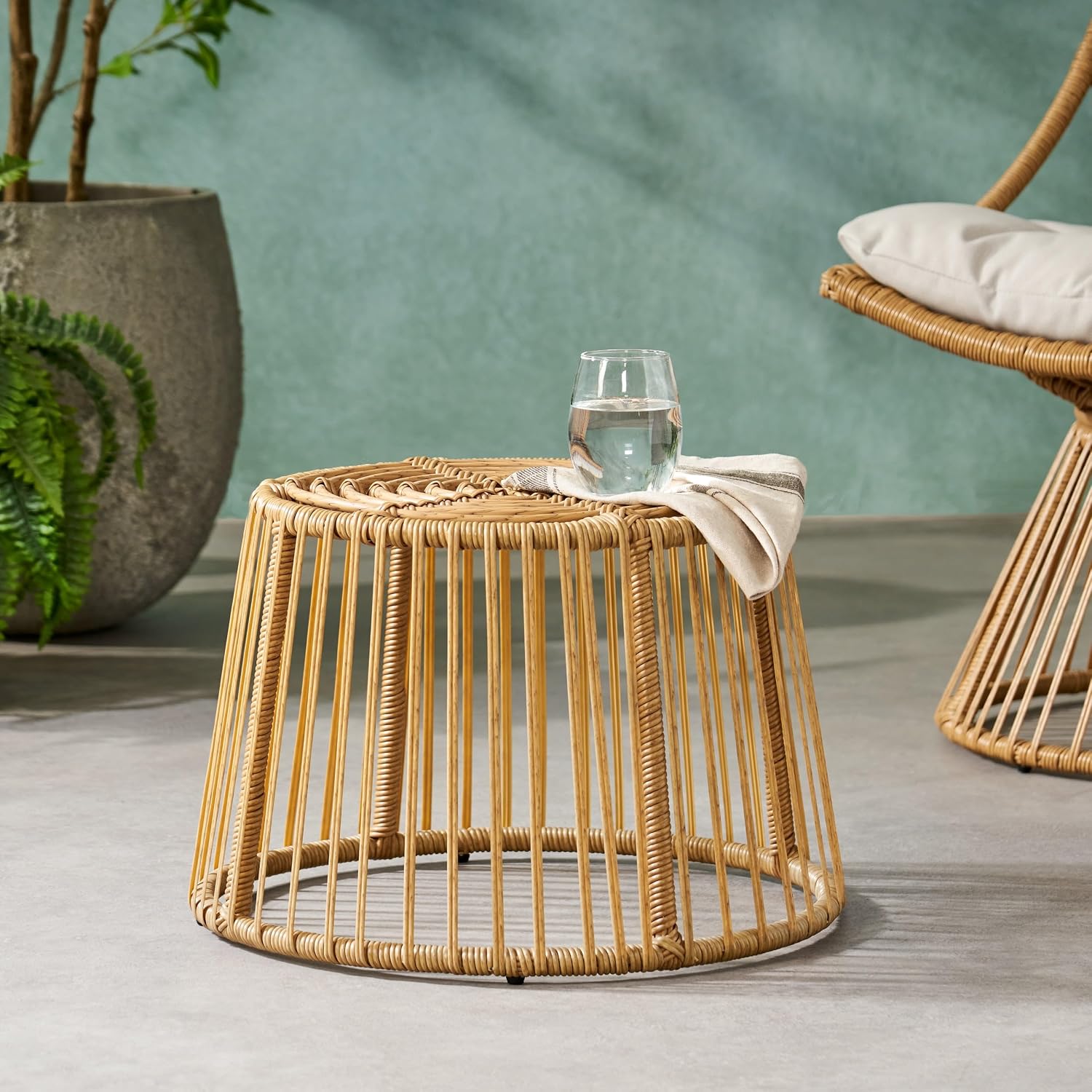 Boho Style Polyethylene Rattan Side Table, Cage Frame Structure with Tightly Wrapped Handcrafted Wicker