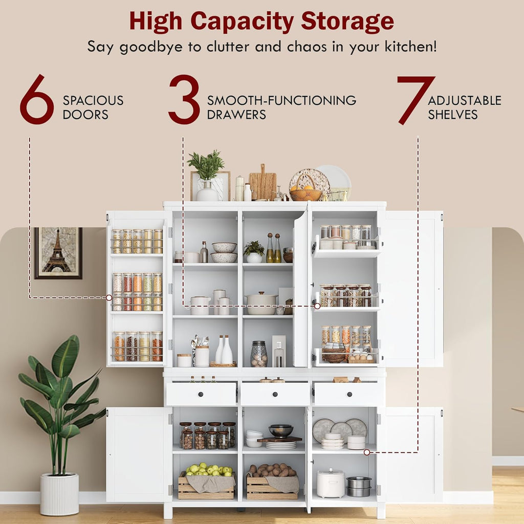 Farmhouse 74.8''H High Freestanding Kitchen Pantry,Large Cupboard Storage with Door Shelves,Adjustable Shelves, Pull-Out Trays and Drawers (White-A)