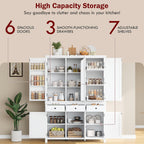 Farmhouse 74.8''H High Freestanding Kitchen Pantry,Large Cupboard Storage with Door Shelves,Adjustable Shelves, Pull-Out Trays and Drawers (White-A)