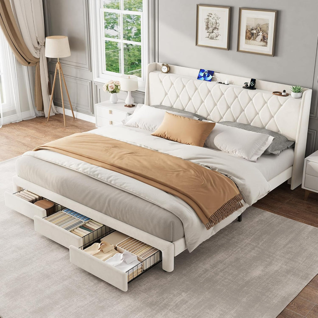 Garvee King Size Bed Frame with Storage, Velvet Upholstered Platform Bed Frame with Crystal Tufted Headboard, Charging Station, 3 Drawers, No Box Spring Needed, Noise-Free,for Bedroom, Ivory