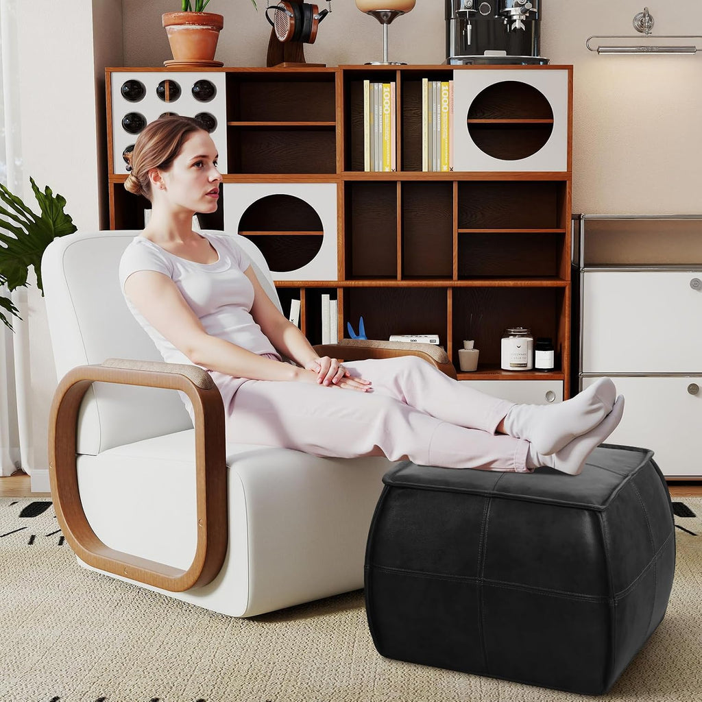 Couchus Genuine Leather Ottoman, Square Pouf Footstool (Square, Black)
