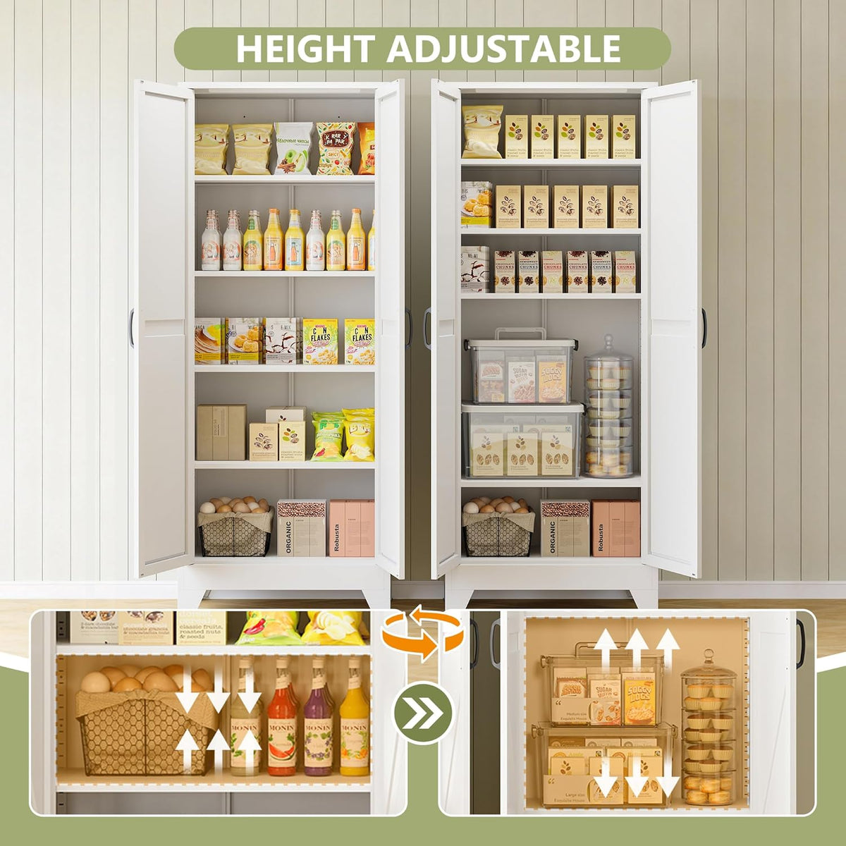 RAVIGIN Farmhouse Storage Cabinet,75" H Metal Pantry Cabinet with Barn Doors and Adjustable Shelves,75" H 6-Tier Rustic Pantry Organizers for Kitchen,Dining Room,White