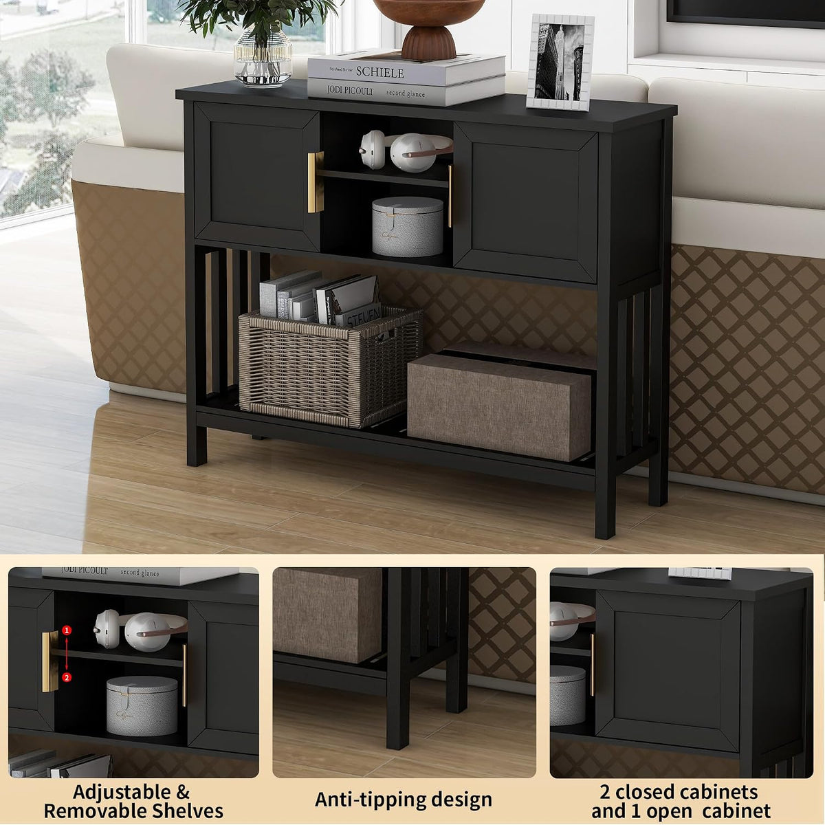 Entryway Table, Console Table, Sofa Table with 2-Door and Shelf, Black | Entryway Cabinet and Sideboard Cabinet with Large Storage Space for Daily Use in Hallway, Foyer, Living Room