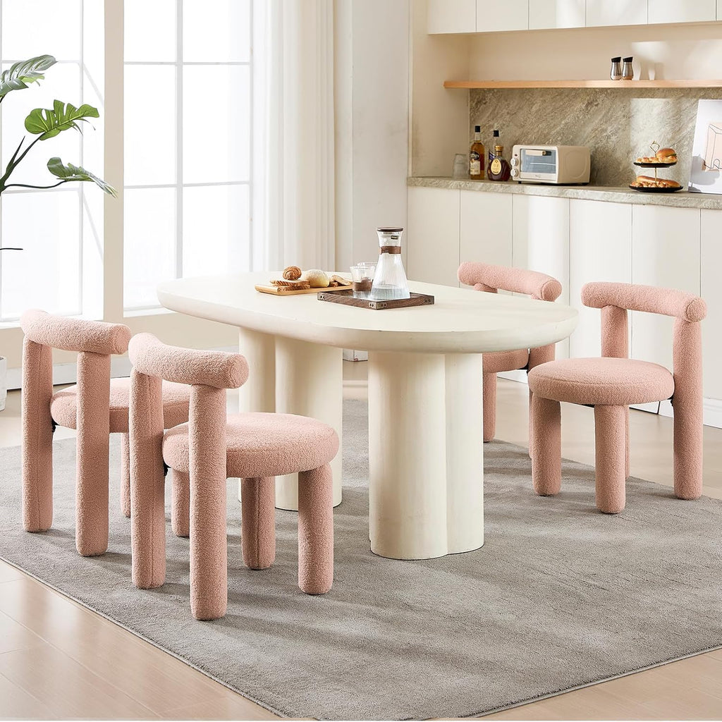 Boucle Dining Chairs Set of 2, Mid Morden Century Chairs with Curved Back Round Upholstered Round Dining Chairs, Armless,for Bedroom Kitchen and Dining Living Reading Room Reception, Pink