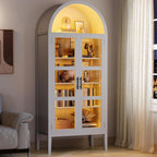 70 in Tall Arched Kitchen Pantry Cabinet with LED Lights, Modern Wood Arched Bookshelf with Glass Doors & Adjustable Shelves, Elegant Display Cabinet for Kitchen, Dining Room, Living Room