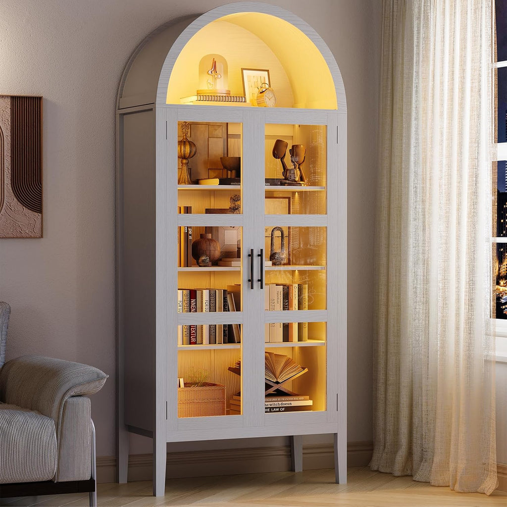 70" Tall Arched Pantry Cabinet with Tempered Glass Doors and LED Lighting - Modern Wood Display Storage with Adjustable Shelves and Acrylic Side Panels - for Kitchen, Dining, Living Room -
