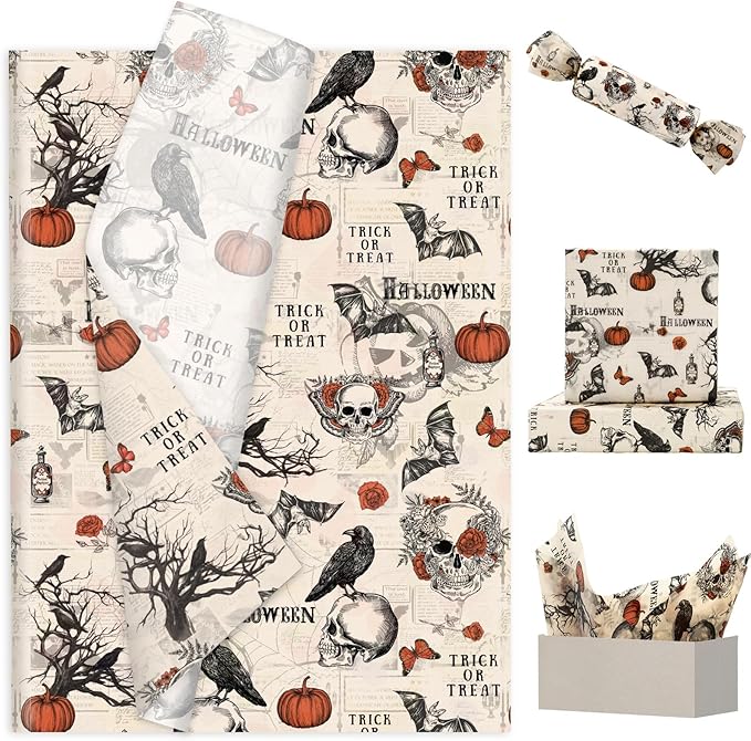JarThenaAMCS 60 Pcs Halloween Tissue Paper Retro Gothic Skull Crow Pumpkin Wrapping Paper Decorative Art Tissue for Home Party Trick or Treat DIY Crafts, 14 x 20 Inch