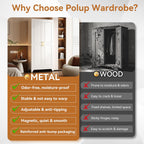 Polup 71" Metal Armoire Wardrobe Closet with Doors and Adjustable Shelves | Tall Freestanding Wardrobe Cabinet for Clothes, Heavy Duty, Hanging Rod, Bedroom, Office, School, Employee, Garage, White