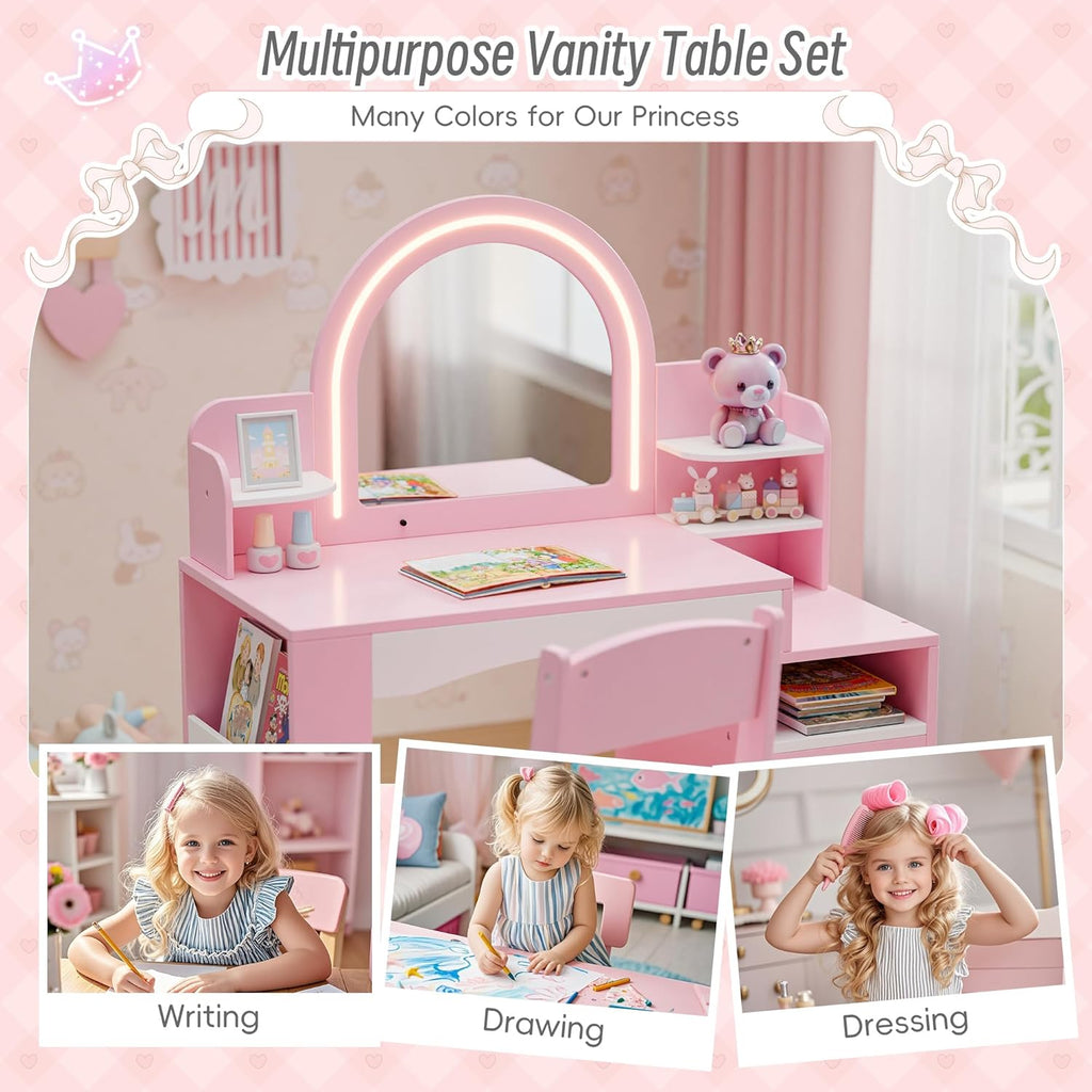 Kids Vanity with Lights, Kids Makeup Vanity with Bookshelf, Enclosed Cabinet and 3-tier Open Shelves, Little Girl Vanity Table Set with Lighted Mirror and Stools, Toddler Vanity for Girls (Pink)