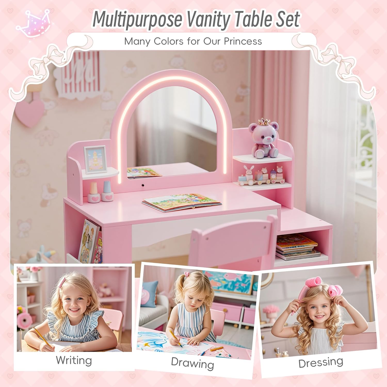 Kids Vanity with Lights, Kids Makeup Vanity with Bookshelf, Enclosed Cabinet and 3-tier Open Shelves, Little Girl Vanity Table Set with Lighted Mirror and Stools, Toddler Vanity for Girls (Pink)