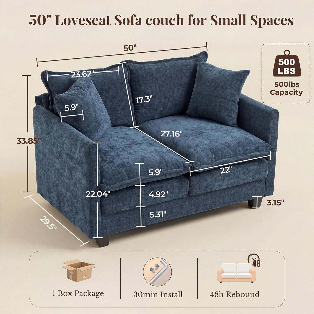 KYJ Loveseat Sofa, Cloud Love Seat Couch 3 Layer Cushion for Small Spaces | 50" Chenille Small Sofa, 27" Deep Seat, 2 Washable Pillow, in a Box for Bedroom & Living room, Singles, Couple & Kid, Blue