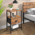 sthmec Nightstands Set of 2, Night Stands with Charging Station and Fabric Drawer, Bedside Tables with Drawers, 2- Tier Side Table with Open Shelf, Nightstands with Charging Station,Rustic Brown