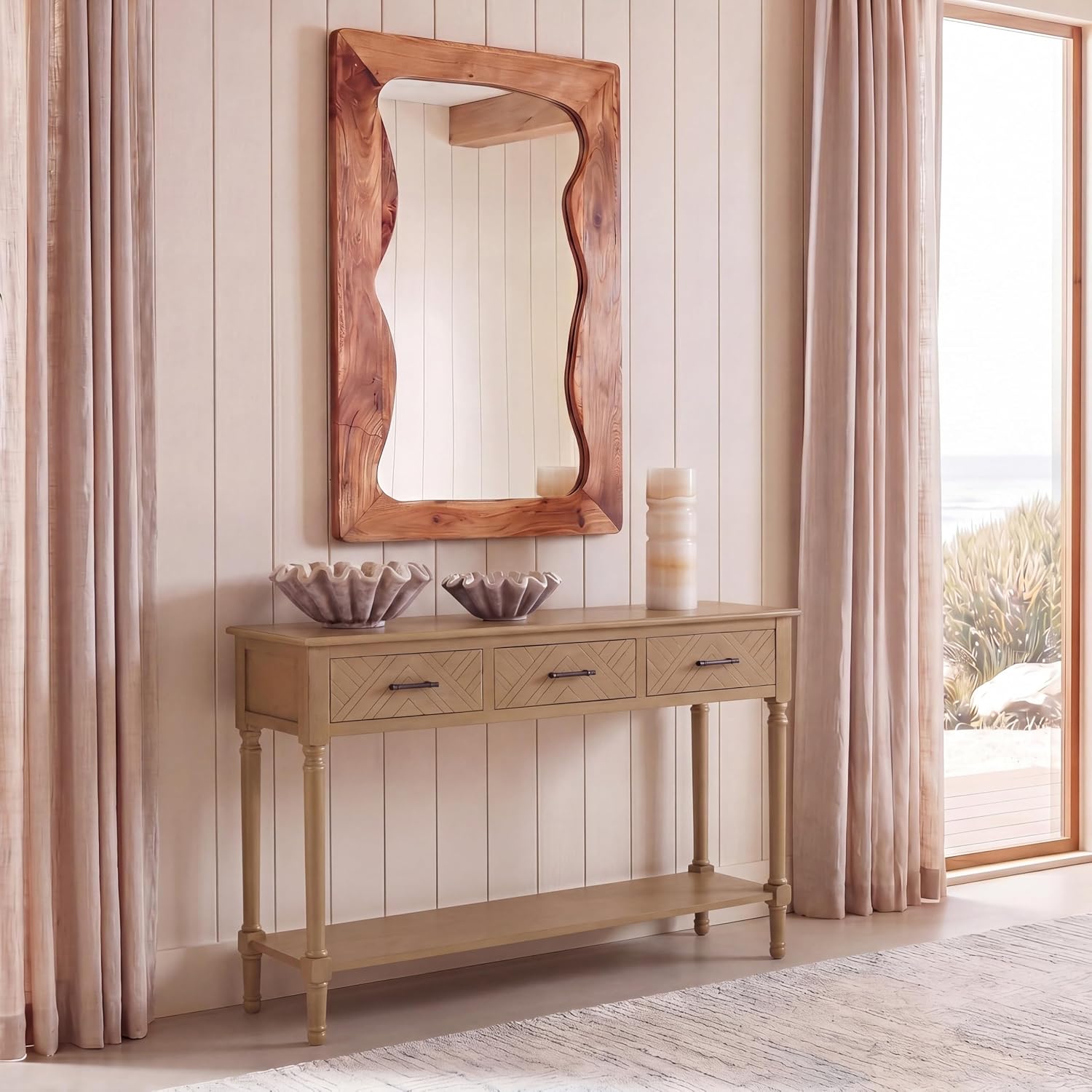 SAFAVIEH Home Collection - Peyton Desert Brown Console Table with 3 Drawers and 1 Shelf, Farmhouse Accent Entryway Table (CNS5705G)