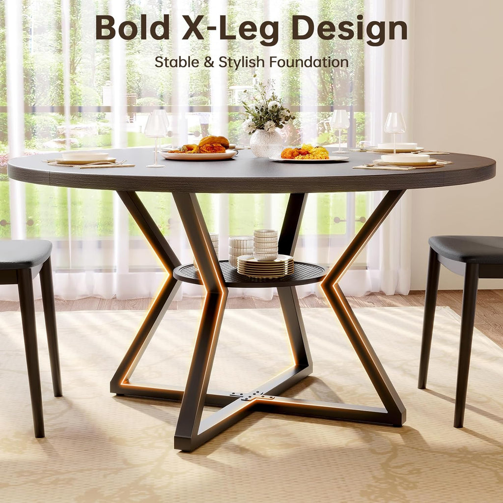 Concho 55" Round Dining Room Table for 6-8,Circle Kitchen Dining Dinner Table with Pedestal Metal Frame,Space Saving Wood Kitchen & Dining Room Furniture, Deep Grey