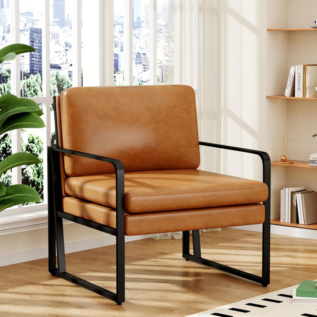 ALISH Accent Chairs, Upholstered Armchair Modern Living Room Chairs Linen Arm Chair Side Sofa Chairs Reading Chairs with Metal Legs for Bedroom, Living Room Brown
