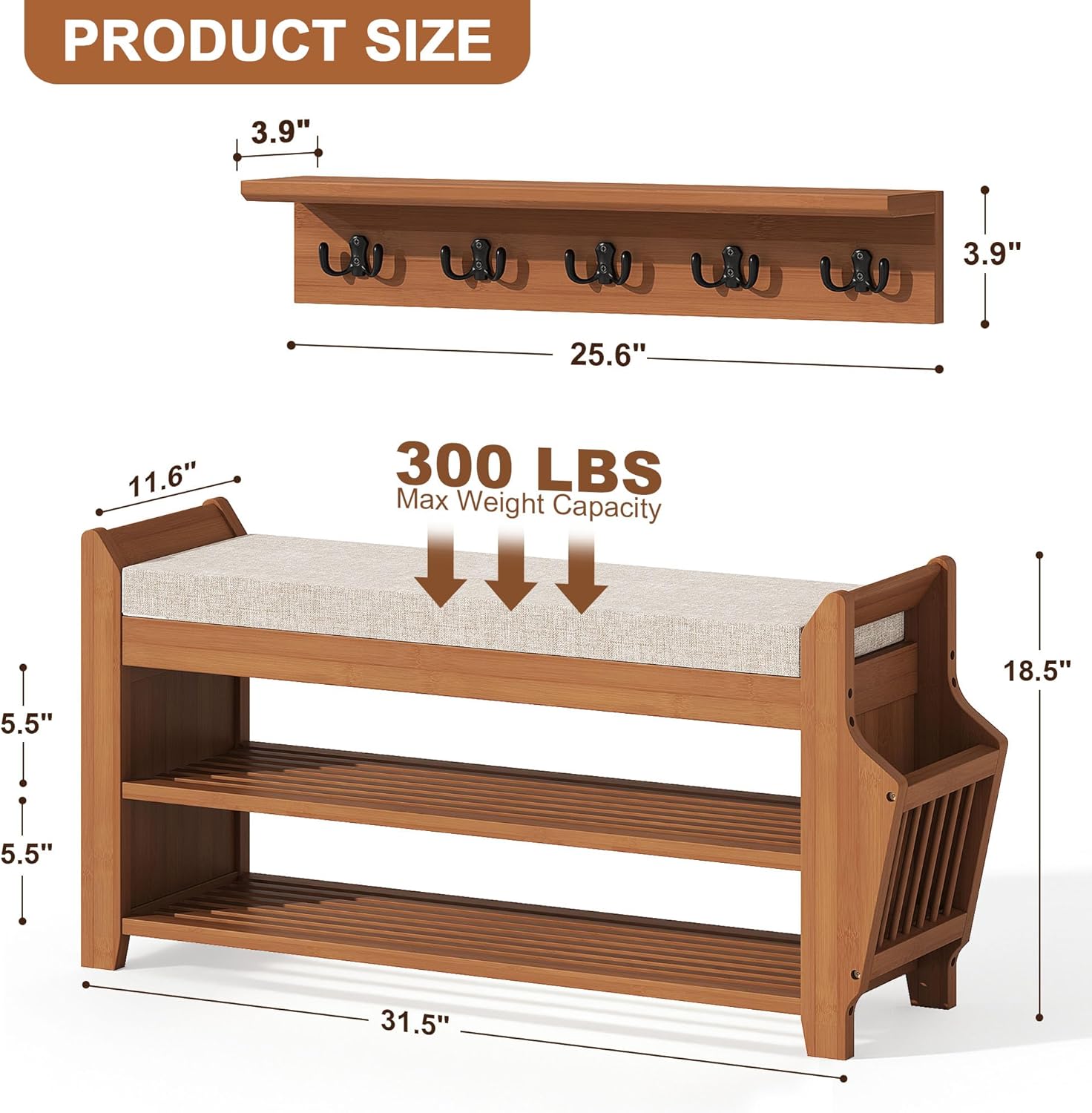 PETKABOO 31.5" Shoe Bench with Coat Rack Hidden Drawer and Side Holder, 2 Tier Entryway Bench with Storage 39.4 in, Bamboo Shoe Rack with Cushion for Entryway Hallway Living Room Bedroom