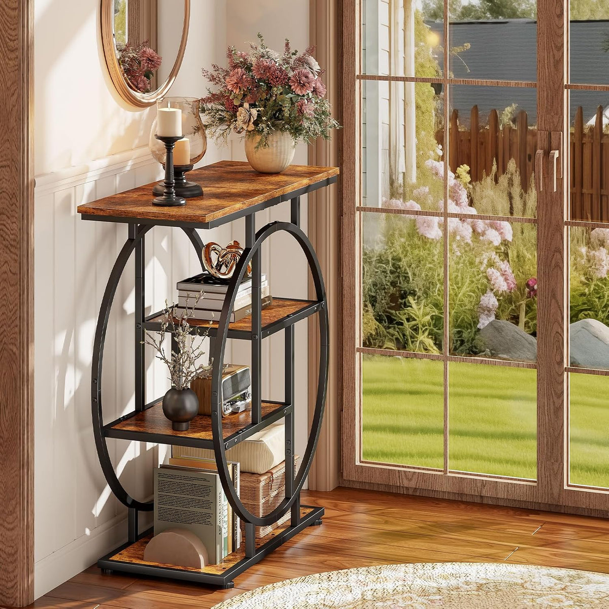 Cottage Charm Entryway Console Table, 31.5" Sofa Table Behind Couch with Curved Metal Frame and Wood Shelves, Decorative Console Table for Living Room, Hallway, Foyer, Rustic Brown