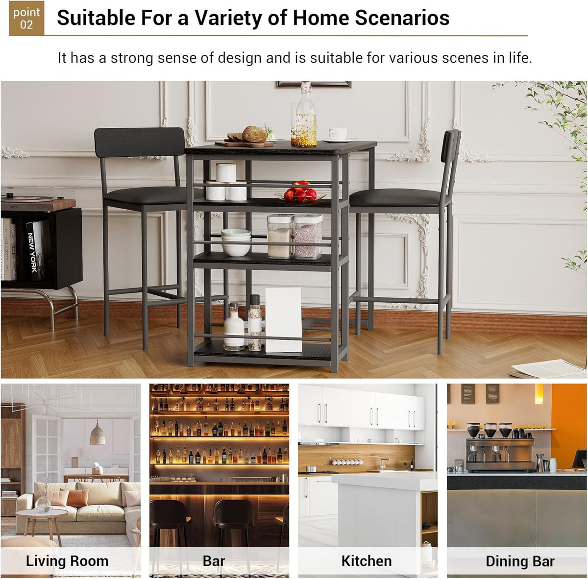 3-Piece Small Bar Table and Chairs Set for 2,Small Dining Table with 2 PU Cushioned Stools,3 Storage Shelves, Space Saving Kitchen Table Set for Breakfast Nook, Apartment, Bistro,Black.