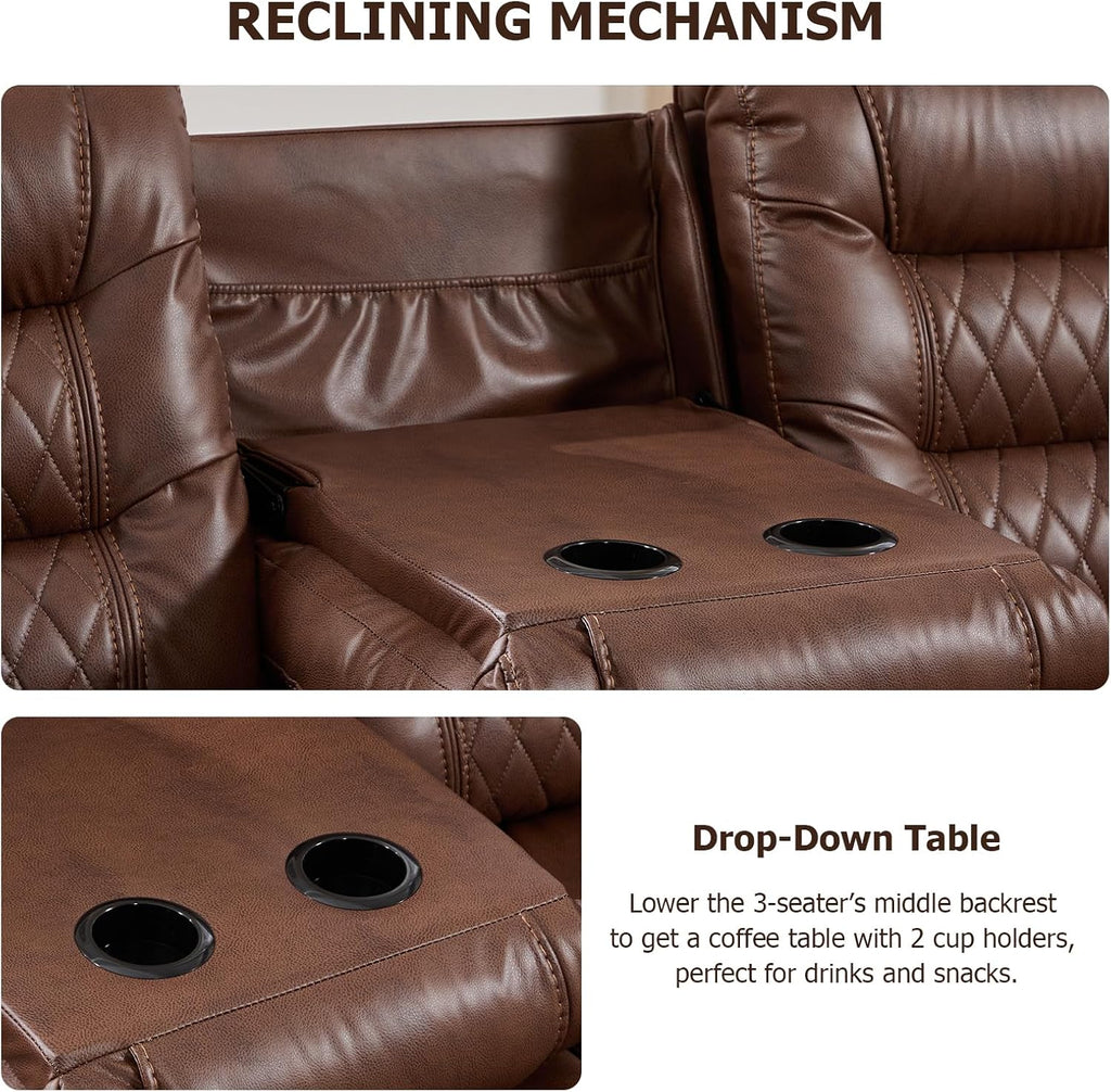 EBELLO 3PCS Faux Leather Recliner Sofa Furniture Set, Included Recliner Chair, Manual Loveseat and 3 Seat Reclining Sofa Couch, Vintage Rivet Mid-Century Modern Design for Living Room, Brown