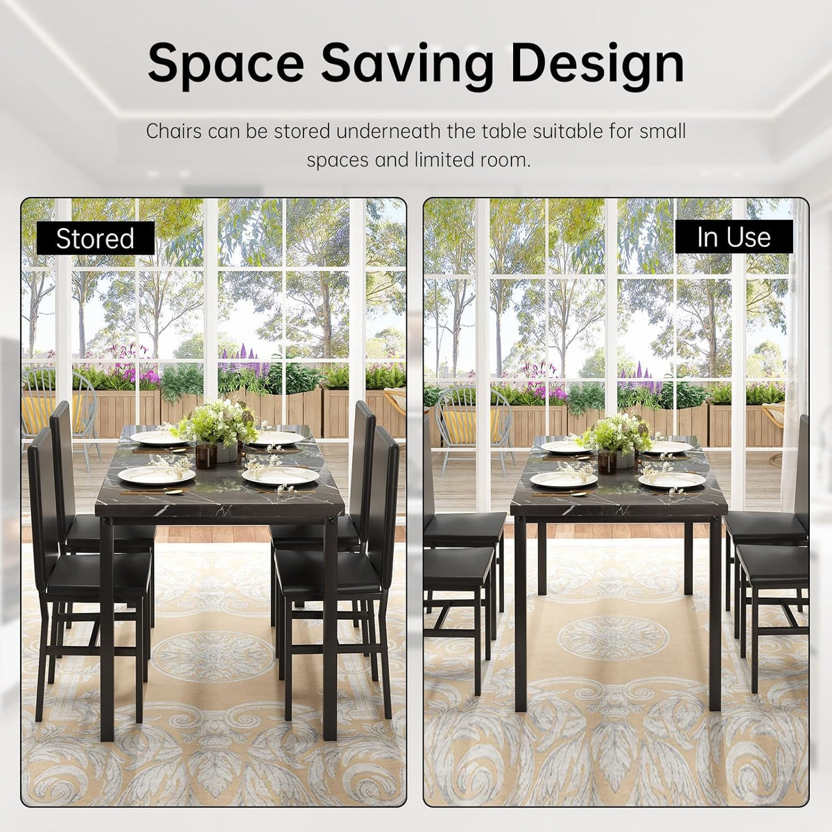 DKLGG 5-Piece Dining Table Set for 4, Faux Marble Kitchen Table Chairs Set of 4 with Upholstered Chairs, Modern Dining Room Table Set for Small Spaces (Black+Black)