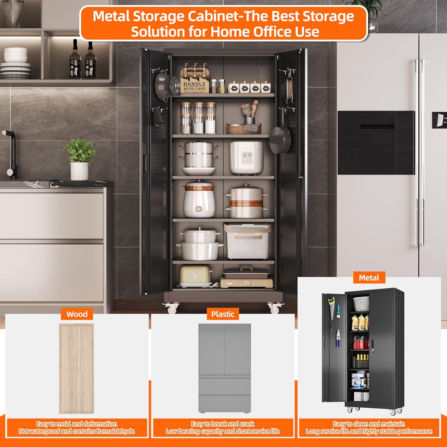 SUXXAN 71" Metal Storage Cabinet with Wheels, Pegboard, Lock, 5 Shelves | Locking steel cabinet with wheels, pegboard and 5 shelves for garage, workshop, office or pantry; assembly required.