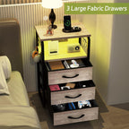 runjuly Bed Side Table with 3 Fabric Drawers, Night Stand with Charging Station, LED Nightstand with Hooks, Bedside Table End Tables with Storage, Night Tables for Bedroom (Beige)