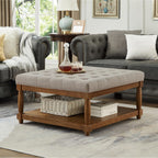 Large Square Upholstered Tufted Linen Ottoman Coffee Table, Large Footrest Ottoman with Solid Wood Shelf- Linen