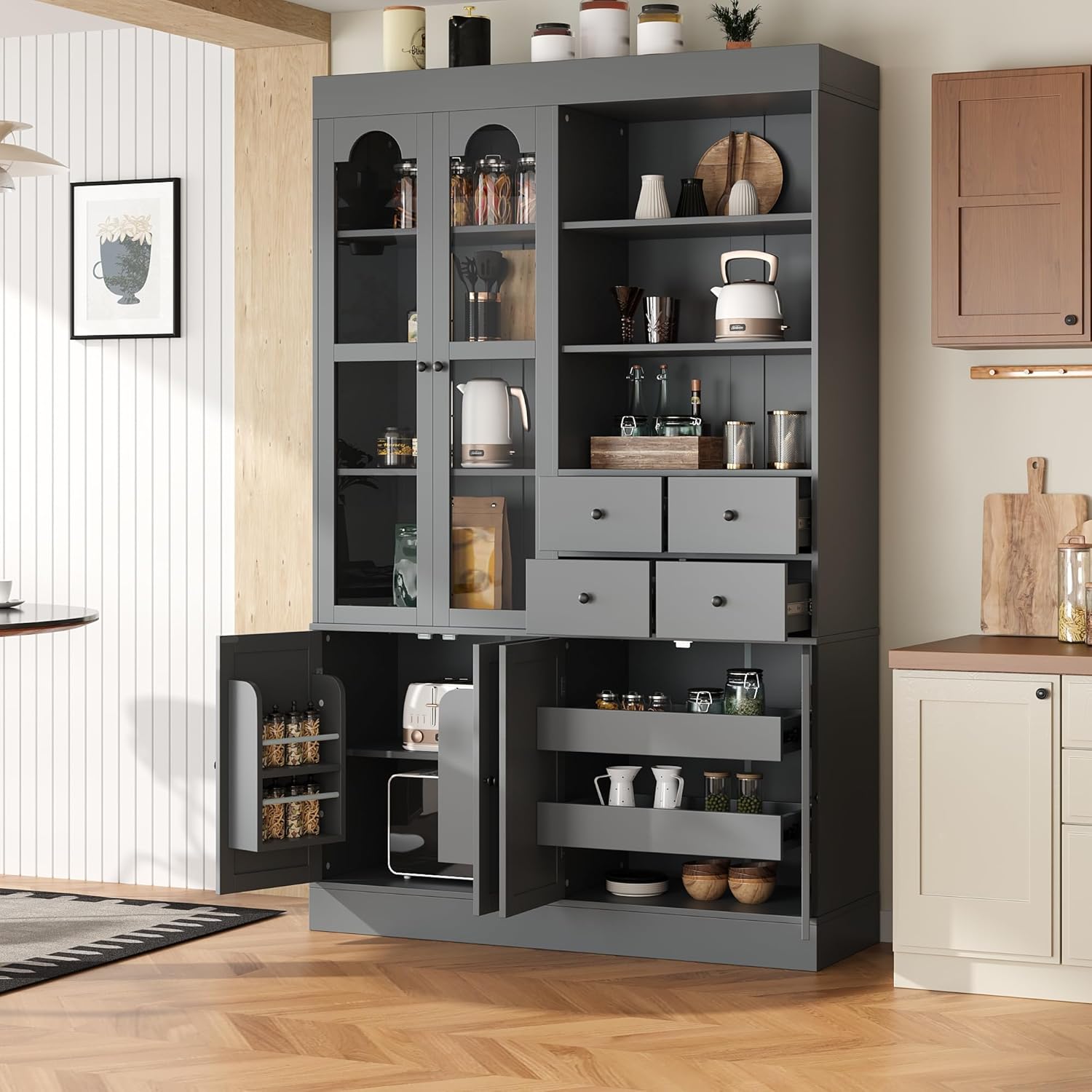 roomfitters 75 Inch Tall Kitchen Pantry Buffet Hutch with 4 Drawers and Glass Doors, Shaker Style, Gray