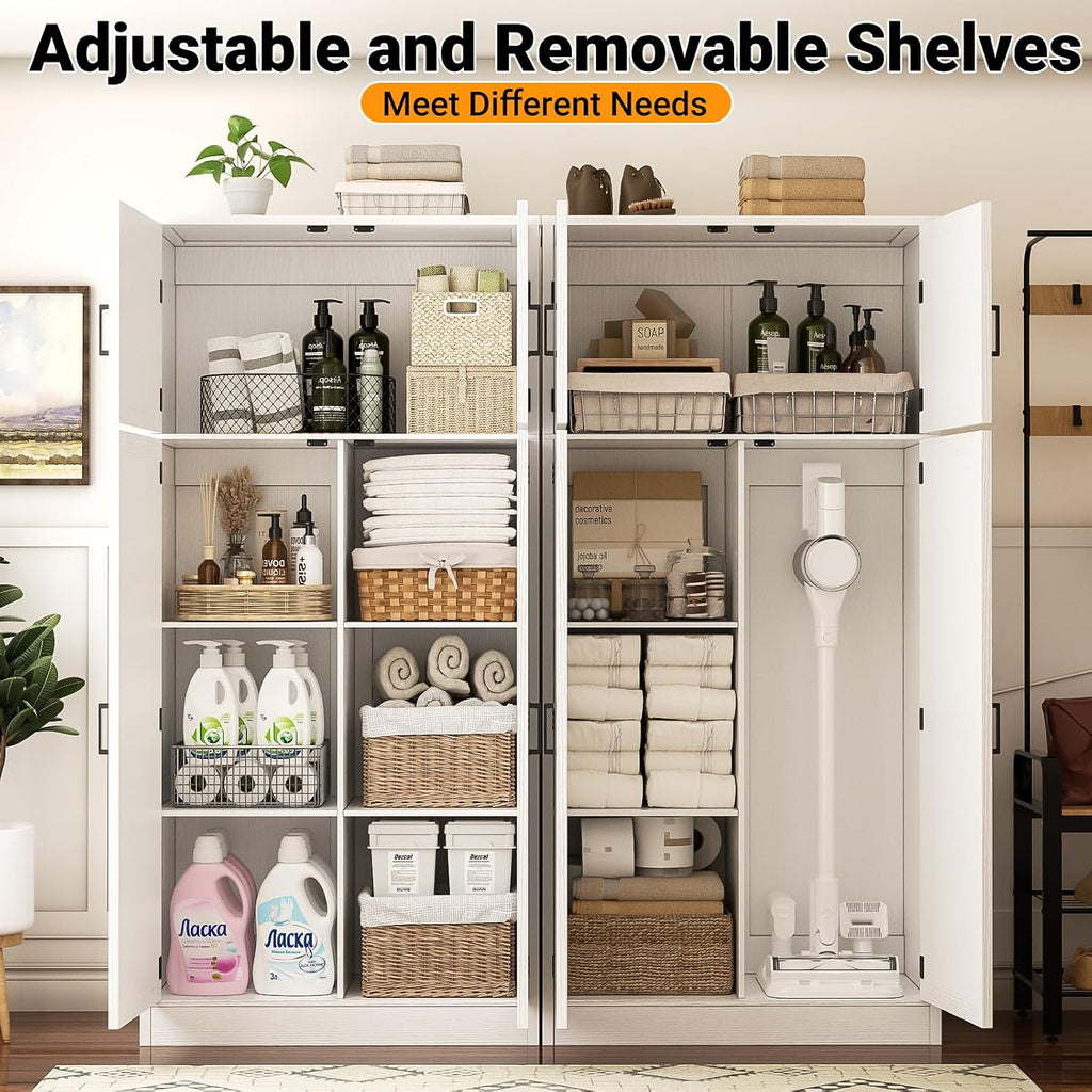 Unikito 71” Tall Kitchen Pantry Storage Cabinet with Adjustable Shelves | Large Farmhouse Storage Cupboard, Barn Doors, Sturdy and Deep, Versatile for Dinning Room, Bathroom, Living Room, White