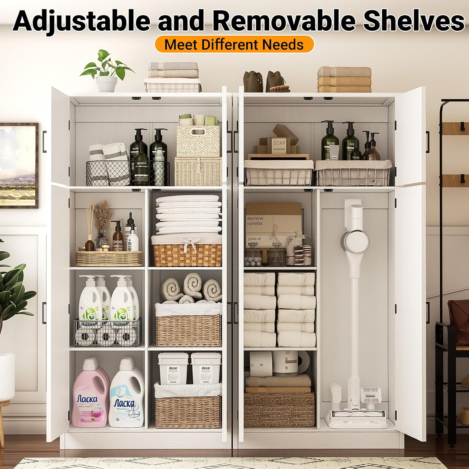 Unikito 71” Tall Kitchen Pantry Storage Cabinet with Adjustable Shelves | Large Farmhouse Storage Cupboard, Barn Doors, Sturdy and Deep, Versatile for Dinning Room, Bathroom, Living Room, White