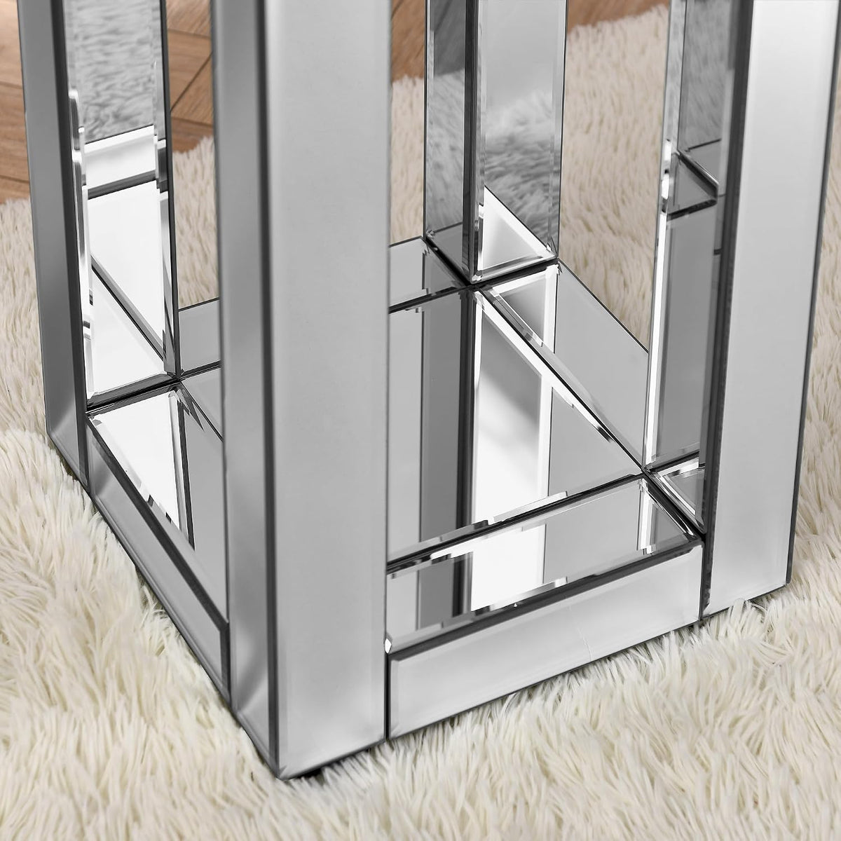 Mirrored End Table Modern 2 Layer 11.8inch Glass Sofa Side Table with Crystal Inlay Square Glass Top, for Living Room, Bedroom and Small Spaces, Silver (1, Square)