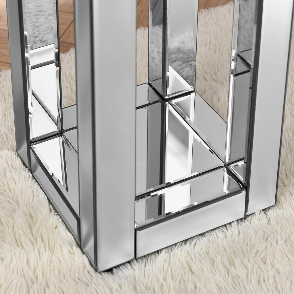IKIFLY Mirrored Nightstand with Storage, Silver End Table with Square Tabletop, Accent Beside Table with Crushed Diamond for Living Room, Bedroom and Office