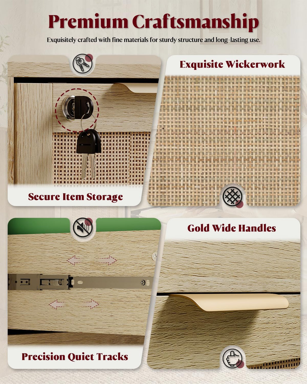 HOPUBUY 3 Drawer File Cabinet with Lock, Wood Rattan Lateral Filing Cabinet for Home Office, Printer Stand with 3 Open Shelves for Letter/Legal/A4/F4 Size, Adjustable Hanging Bars, Natural Wood