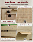 HOPUBUY 3 Drawer File Cabinet with Lock, Wood Rattan Lateral Filing Cabinet for Home Office, Printer Stand with 3 Open Shelves for Letter/Legal/A4/F4 Size, Adjustable Hanging Bars, Natural Wood