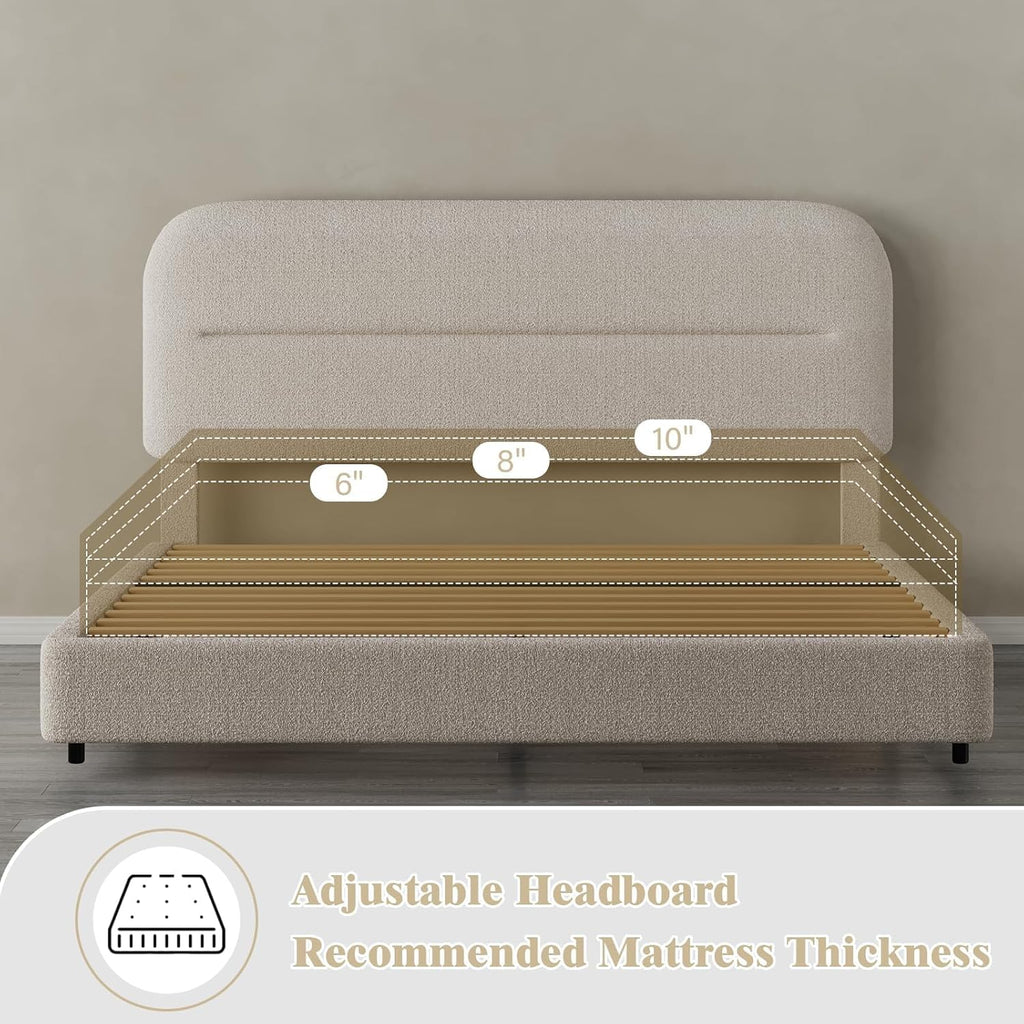 HOMBCK Queen Size Cloud Bed Frame, Cream Plush Boucle Upholstered Platform Bed, Adjustable Padded Headboard, Solid Wood Slat Support, Rounded Corners, Low‑Profile Design, No Box Spring Needed