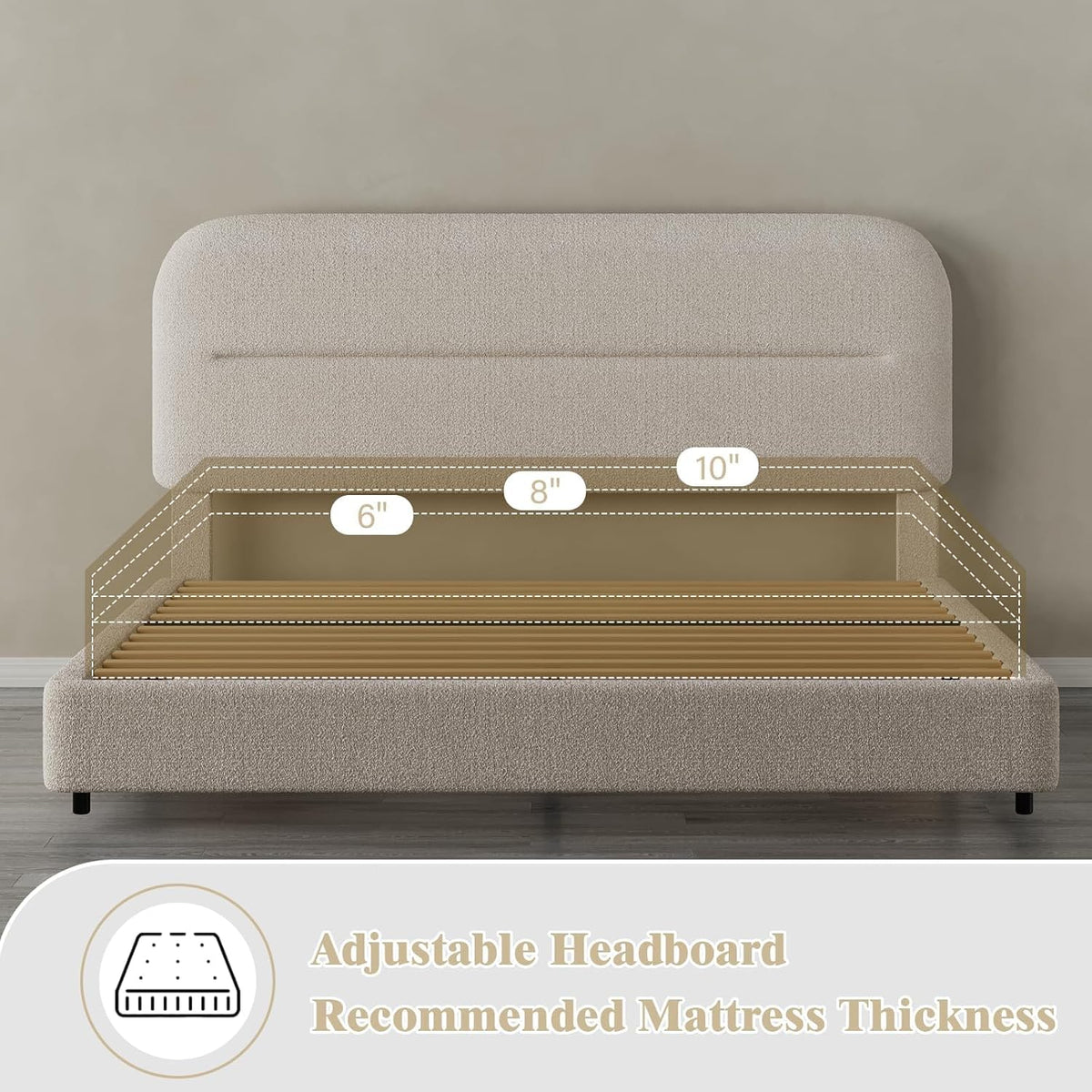 HOMBCK Queen Size Cloud Bed Frame, Cream Plush Boucle Upholstered Platform Bed, Adjustable Padded Headboard, Solid Wood Slat Support, Rounded Corners, Low‑Profile Design, No Box Spring Needed