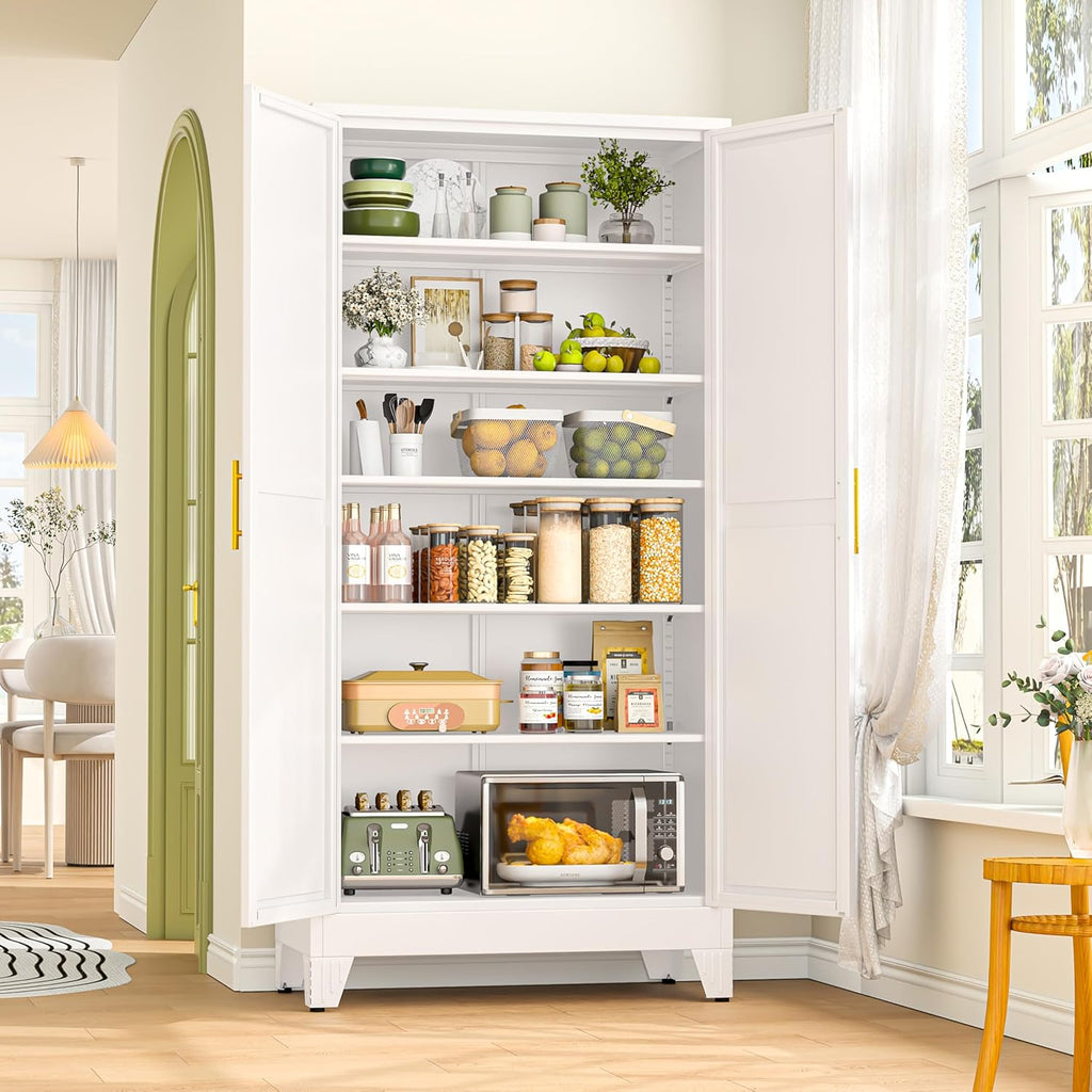 GAIOUS 75.2" Tall Metal Storage Cabinet with 2 Doors & 5 Adjustable Shelves | New upgrade Kitchen Pantry Cabinet, White Freestanding Cupboard, 6 Tier Steel Storage for Office, Kitchen, Dining, Garage