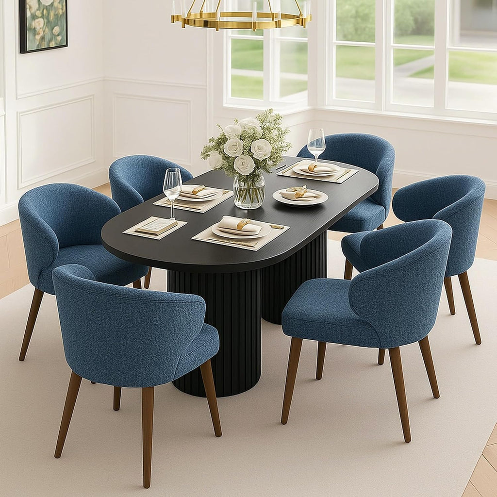 HNY Mid Century Modern Dining Chairs Set of 4, Upholstered Curved Wingback Accent Arm Chairs, Linen Side Chairs with Solid Wood Legs, Navy Blue