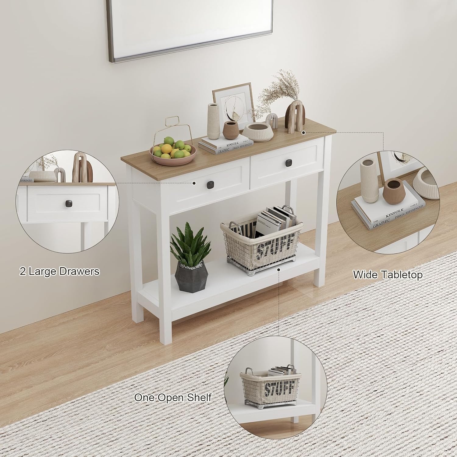 kinbor Entryway Table - White Console Table with 2 Drawers, Narrow Small Console Table with Storage Shelf for Entryway, Living Room, Hallway, Easy to Install, White