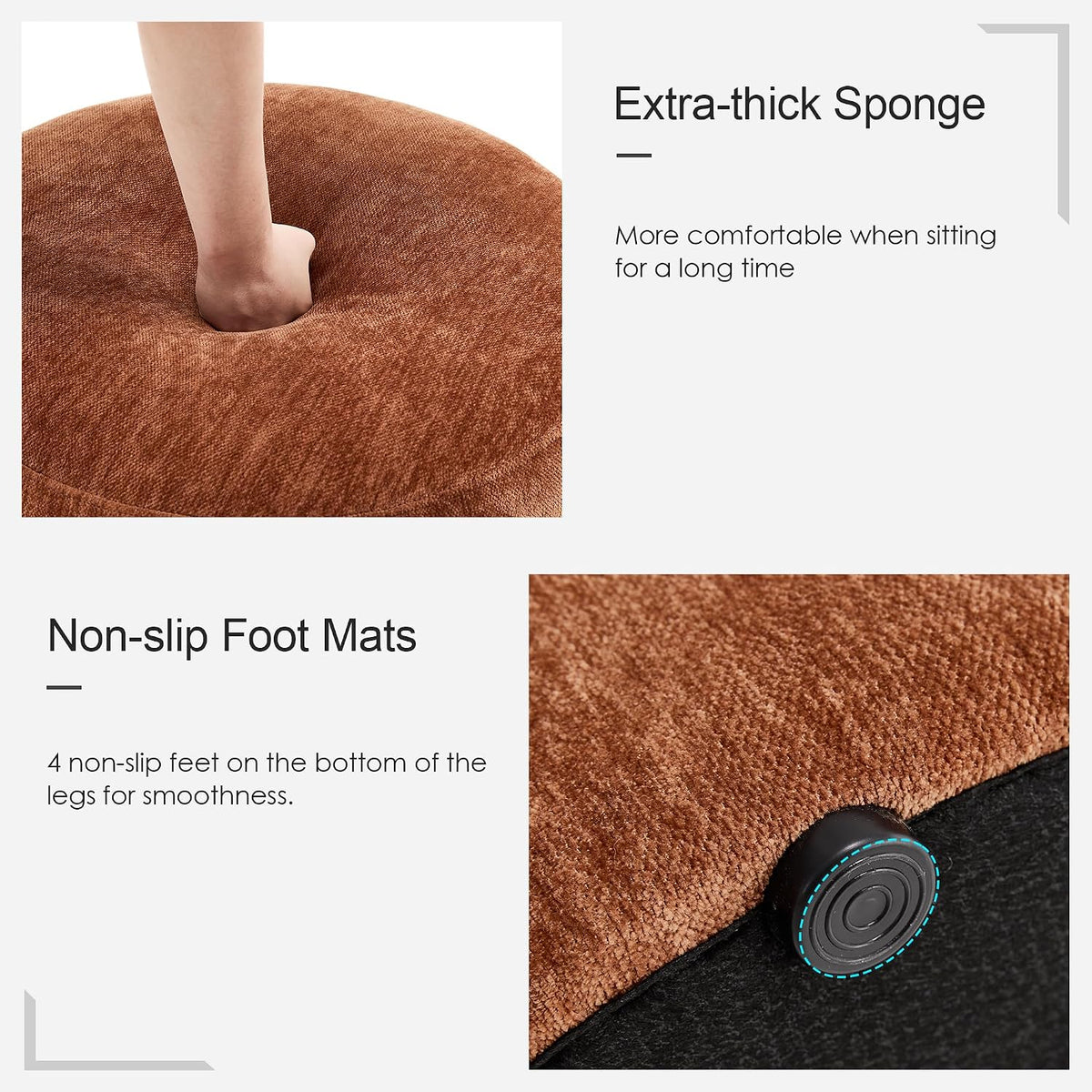 Upholstered Round Pouf Ottoman, Modern Footstool, Orange-Brown | Small Chenille Footrest with Soft Padded Seat & Wood Frame, Accent Vanity Stool for Bedroom (22.6"D x 22.6"W x 16.5"H)