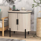 Bonzy Home Round Nightstand with Storage, Fluted Side Table with Charging Station, Mid Century Modern Bedside Table, End Table with Sliding Door for Living Room, Bedroom, Small Spaces, Oak
