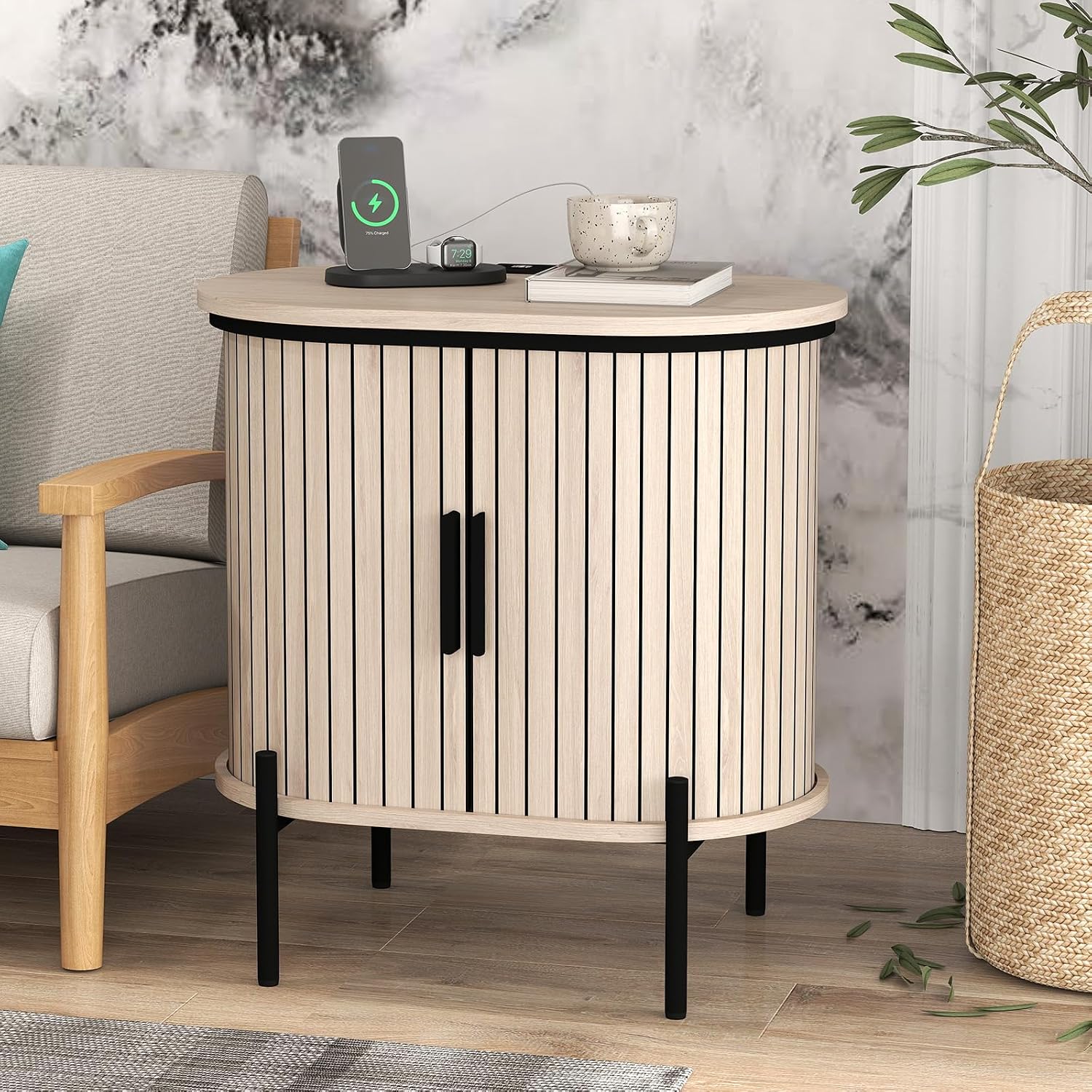 Bonzy Home Round Nightstand with Storage, Fluted Side Table with Charging Station, Mid Century Modern Bedside Table, End Table with Sliding Door for Living Room, Bedroom, Small Spaces, Oak