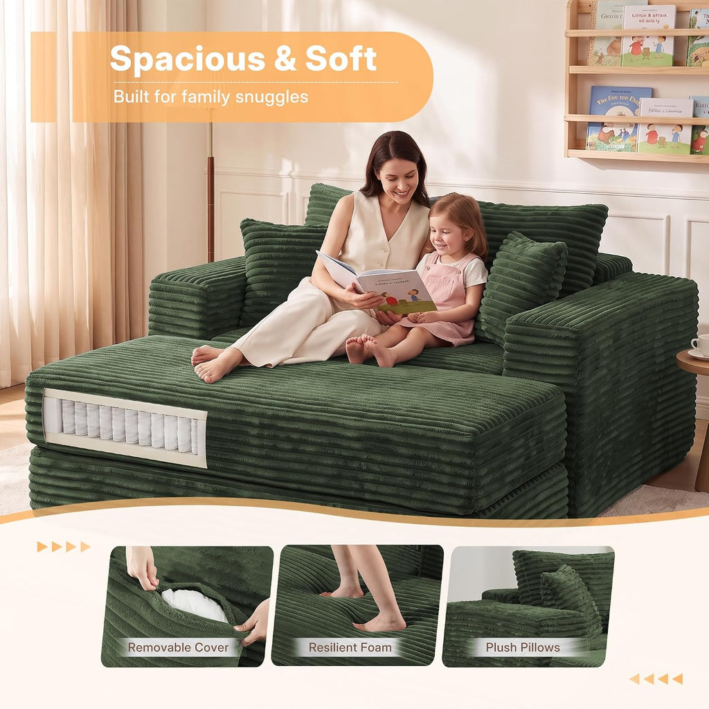 Busaurus 60'' Oversized Chaise Lounge Chair Indoor with Ottoman, Convertible Sofa Bed & Corduroy Reading Chair for Living Room & Bedroom, No Assembly Required