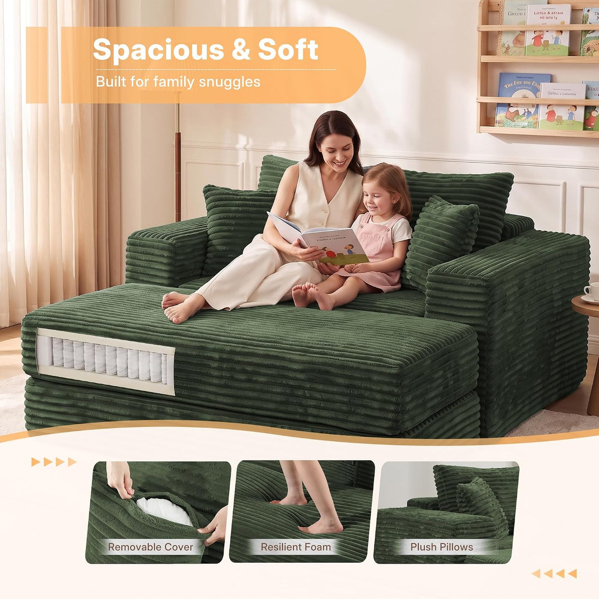 Busaurus 60'' Oversized Chaise Lounge Chair Indoor with Ottoman, Convertible Sofa Bed & Corduroy Reading Chair for Living Room & Bedroom, No Assembly Required