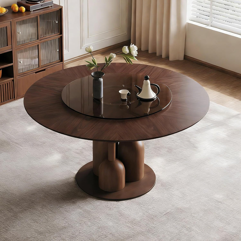 Montary 59-inch Natural Oak Wabi-Sabi Round Dining Table with 35-inch Tempered Glass Lazy Susan, Handcrafted Japanese Style Sculptural Solid Wood Dining Table for Living Room & Restaurant