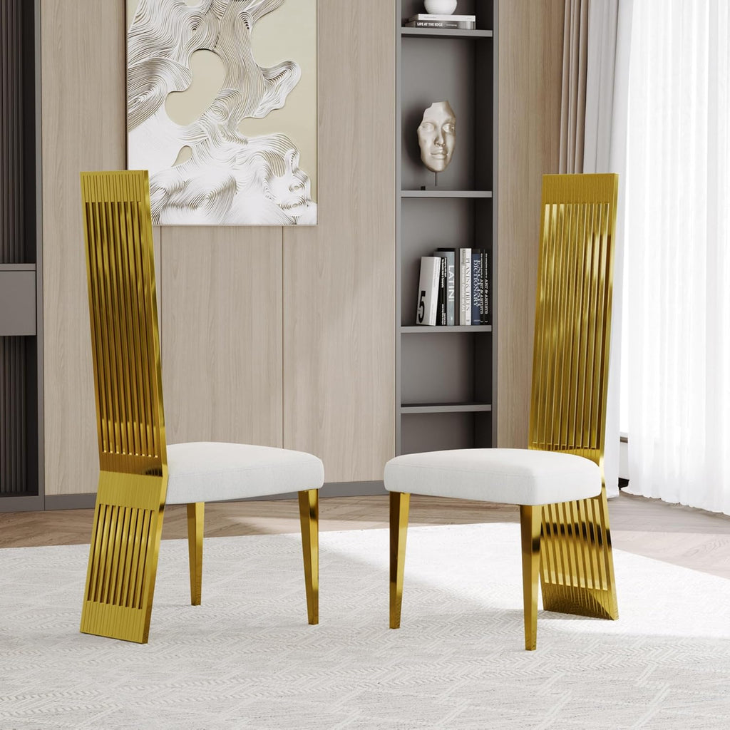 White and Gold Dining Chairs Set of 2, Upholstered Boucle Dining Room Chairs with Slatted Polished Stainless Steel High Back and Legs, Modern Luxury Kitchen Room Chairs